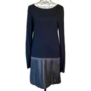 Theory Size M Black Wool Knit + Genuine Leather Long Sleeve Drop Waist Dress